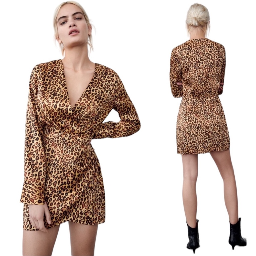 Zara Satin Effect Animal Print Faux Wrap Dress Long Sleeve NWOT Size Small